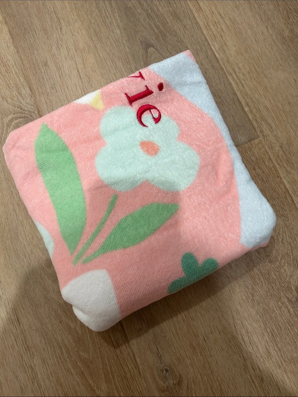 Personalized Pink Hooded Kids Towel with Birds & Rainbows